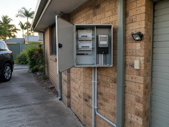 Open outdoor switchboard cabinet on a brick house wall beside driveway in Merrimac